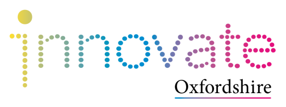 Innovate Oxfordshire logo featuring the word “innovate” formed from multicoloured circular dots transitioning from yellow and green to blue, purple, and pink. A smaller black “Oxfordshire” wordmark appears below on the right with a thin multicolour underline.