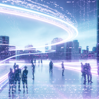 Silhouettes of people standing on a futuristic city plaza with glowing digital light streams overhead.